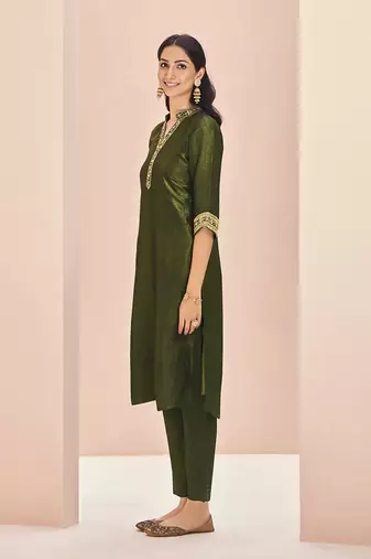 Olive green embellished kurta set