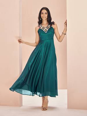 Teal embellished chiffon flowy gown dress 1