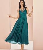 Teal embellished chiffon flowy gown dress