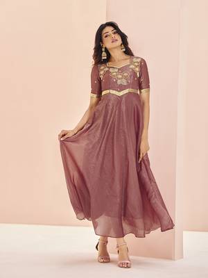 Coral embroidered organza anarkali style gown 1