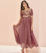 Coral embroidered organza anarkali style gown