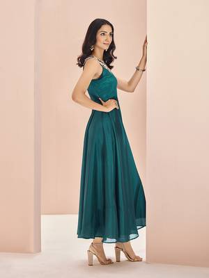Teal embellished chiffon flowy gown dress 2