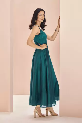 Teal embellished chiffon flowy gown dress