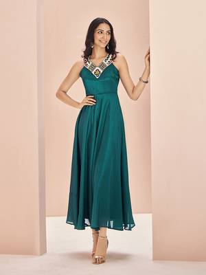 Teal embellished chiffon flowy gown dress 3