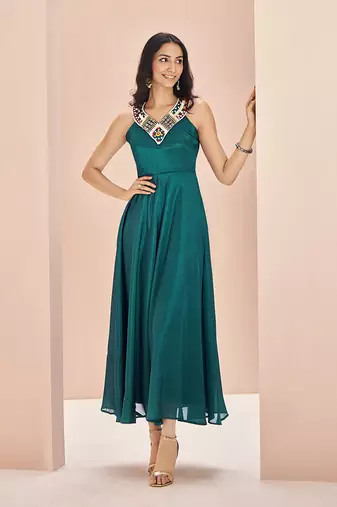Teal embellished chiffon flowy gown dress
