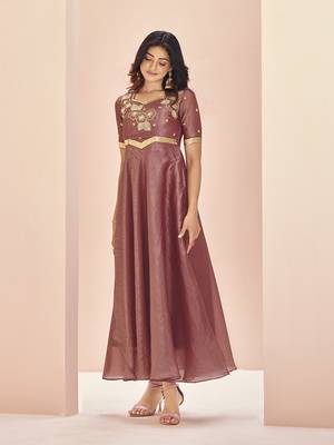 Coral embroidered organza anarkali style gown 3