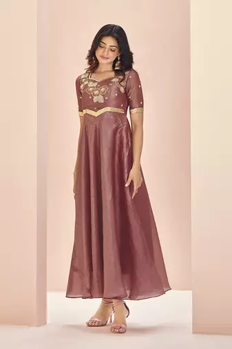 Coral embroidered organza anarkali style gown