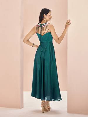 Teal embellished chiffon flowy gown dress 4