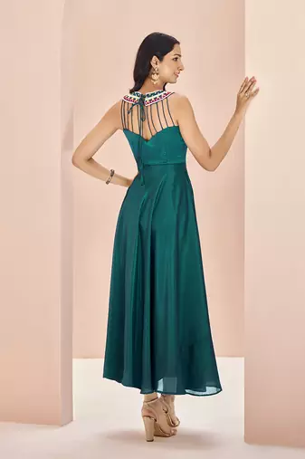 Teal embellished chiffon flowy gown dress