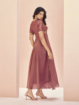 Coral embroidered organza anarkali style gown 4