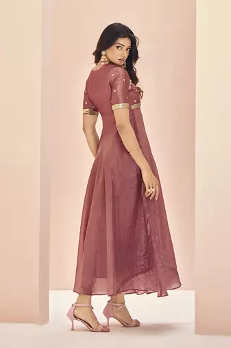 Coral embroidered organza anarkali style gown
