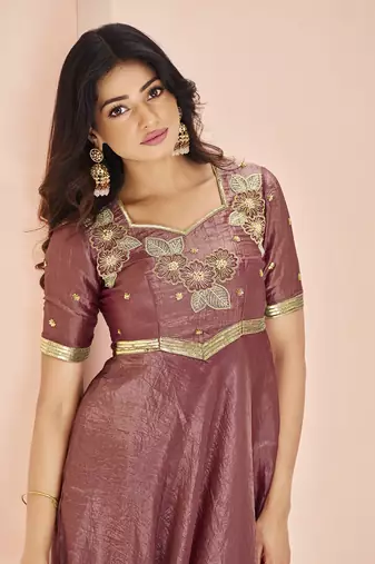 Coral embroidered organza anarkali style gown