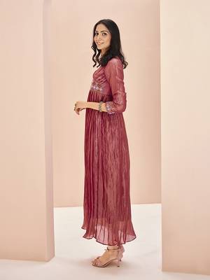 Coral embellished organza pleated gown dress 3