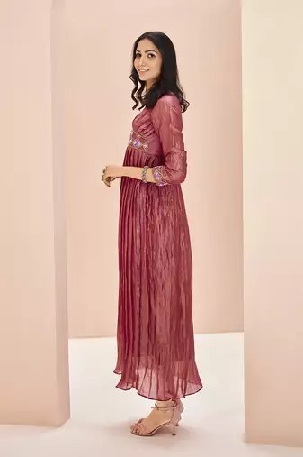 Coral embellished organza pleated gown dress