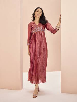 Coral embellished organza pleated gown dress 4