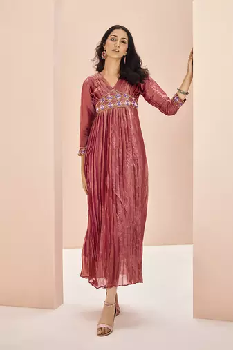 Coral embellished organza pleated gown dress