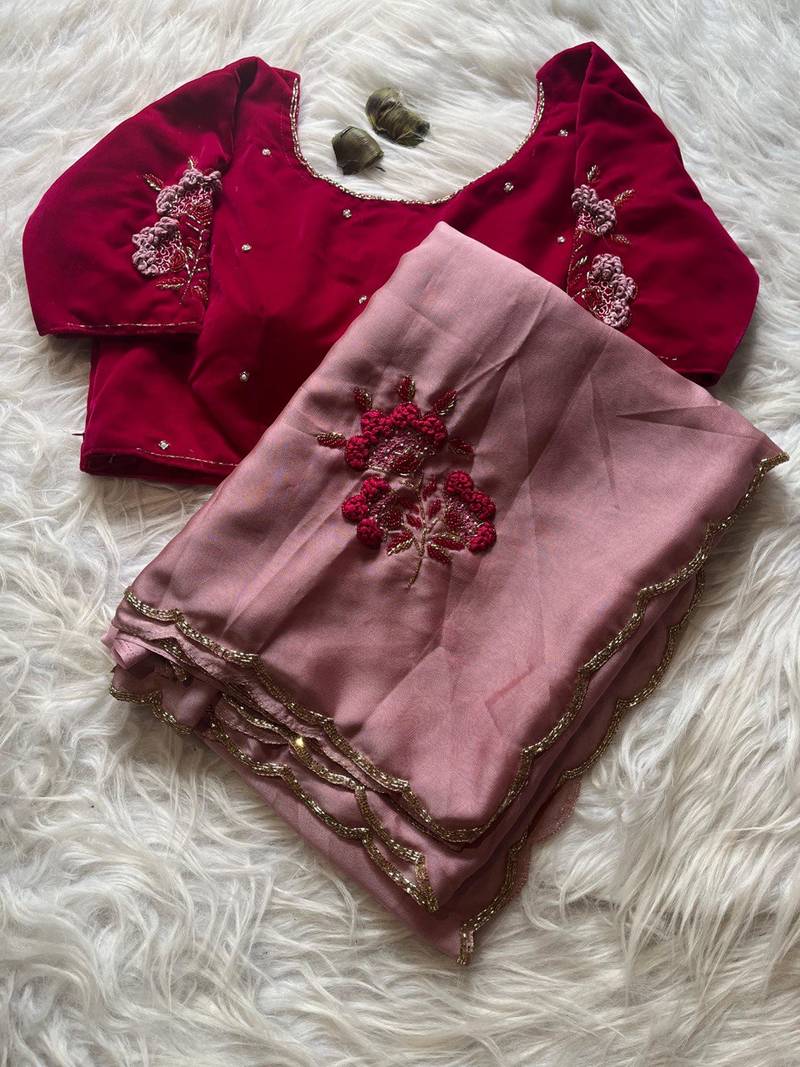 Soft Two-Tone Rangoli Silk Blend Saree With Triple Cutdana Border And Velvet Designer Blouse