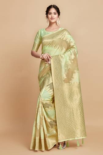 Pista Green Leheriya Zari Woven Design Linen Saree