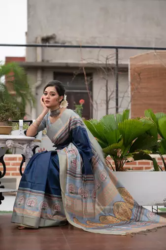 Navy Blue Soft Raw Silk Printed Design Contrast Woven Pallu border & Contrast Blouse Piece