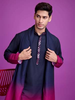 Navy blue & pink rayon solid with hand mirror embroidery work ceremonial wear mens kurta pajama with dupatta 3