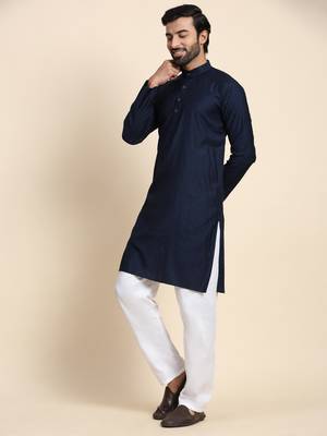 Navy blue viscosee rayon festive wear kurta payjama for rich traditional indian looks 3