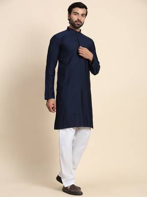 Navy blue viscosee rayon festive wear kurta payjama for rich traditional indian looks 4
