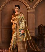 Soft Tussar Silk Saree With All Over Beautiful Kalamkari Print And Soft Zari Pallu With Contrast Blouse Piece