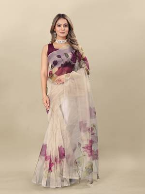 Cream Organza Saree With Unstitched Blouse Piece 1