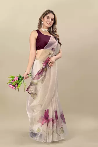 Cream Organza Saree With Unstitched Blouse Piece