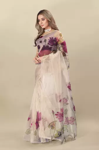 Cream Organza Saree With Unstitched Blouse Piece