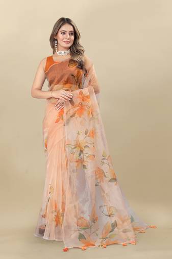 Light Orange Organza Saree With Unstitched Blouse Piece