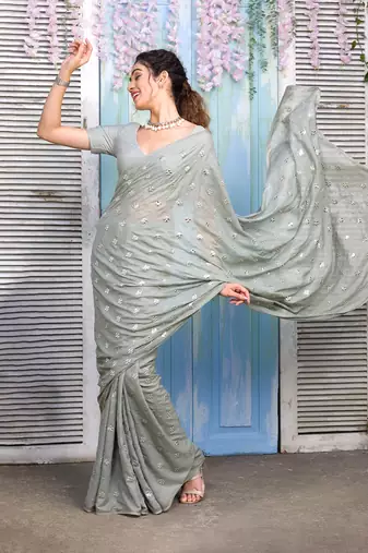 Trendmalls  Satin swarovski With Embroidery Butti Work Saree With Blouse Piece