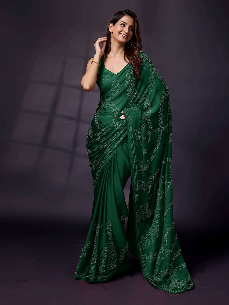 Green Silk Saree Swarovski Work Silk Bollywood Saree