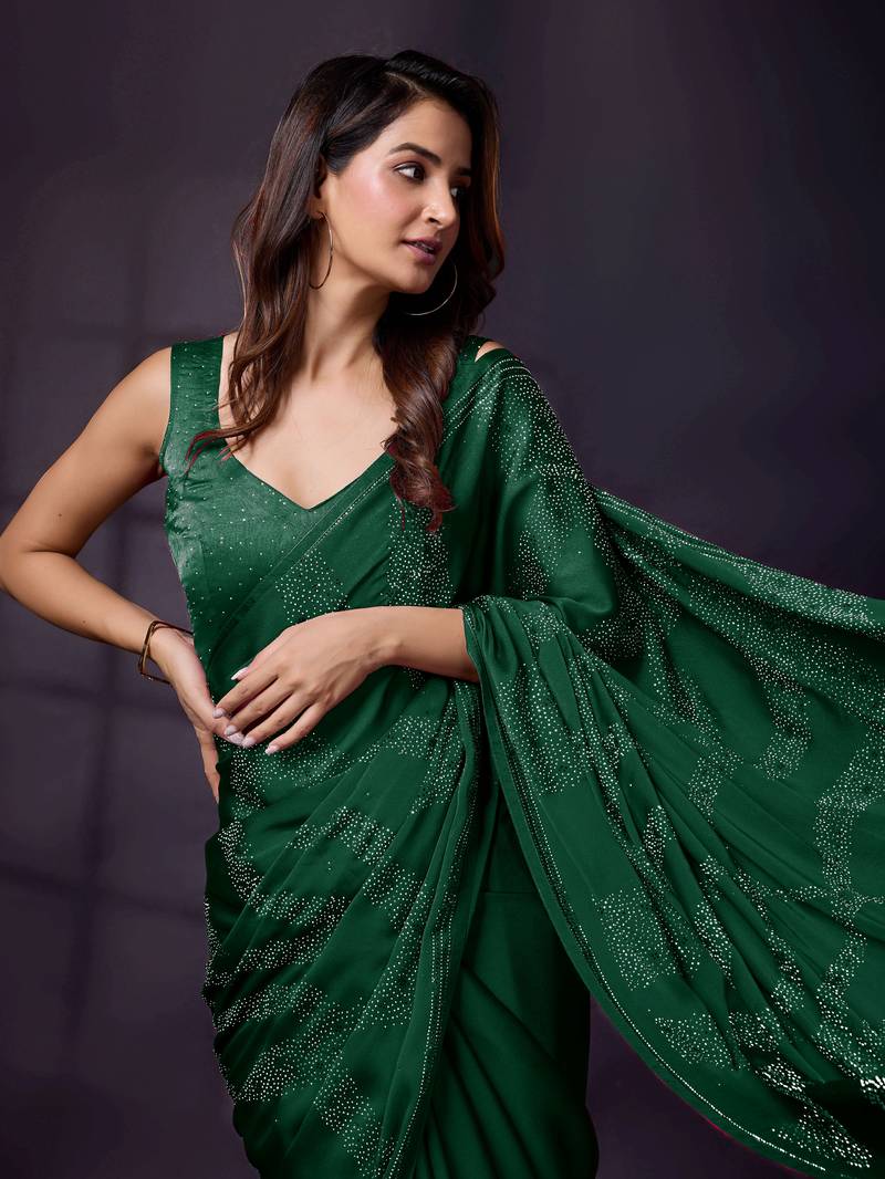 Green Silk Saree Swarovski Work Silk Bollywood Saree