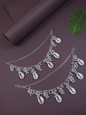 navratri ethnic silver oxidised boho shell & ghungroo hair chain/earchain accessories for women  1
