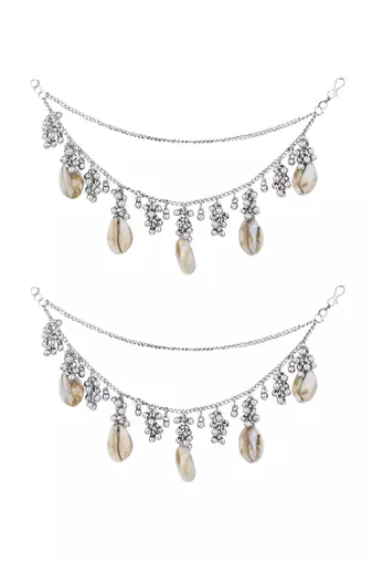 navratri ethnic silver oxidised boho shell & ghungroo hair chain/earchain accessories for women 