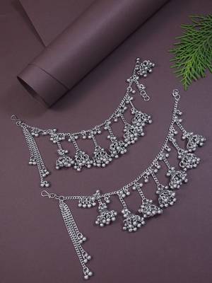 I jewels navratri ethnic silver oxidised ghungroo jhumka hair chain/earchain accessories for women  1