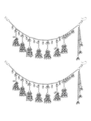 I jewels navratri ethnic silver oxidised ghungroo jhumka hair chain/earchain accessories for women  2