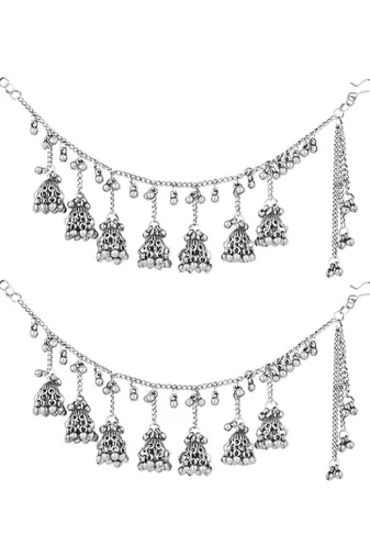 I jewels navratri ethnic silver oxidised ghungroo jhumka hair chain/earchain accessories for women 