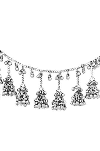 I jewels navratri ethnic silver oxidised ghungroo jhumka hair chain/earchain accessories for women 