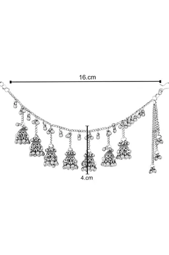 I jewels navratri ethnic silver oxidised ghungroo jhumka hair chain/earchain accessories for women 