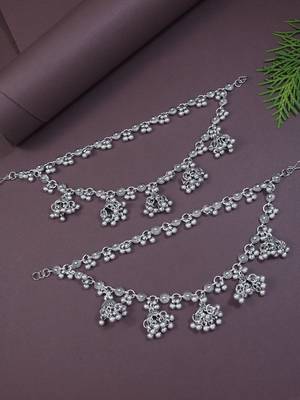navratri ethnic silver oxidised ghungroo jhumka hair chain/earchain accessories for women  1