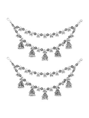 navratri ethnic silver oxidised ghungroo jhumka hair chain/earchain accessories for women  2
