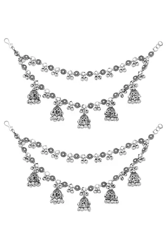 navratri ethnic silver oxidised ghungroo jhumka hair chain/earchain accessories for women 