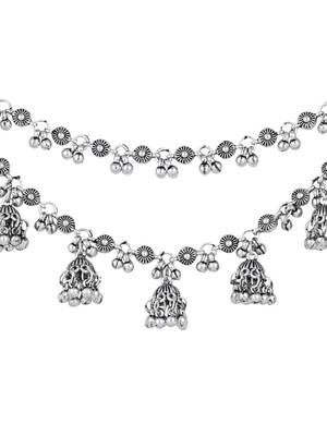navratri ethnic silver oxidised ghungroo jhumka hair chain/earchain accessories for women  3