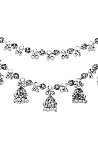 navratri ethnic silver oxidised ghungroo jhumka hair chain/earchain accessories for women 