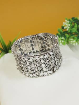 navratri silver oxidised afghani traditional mirror work stretch bracelet for women  1