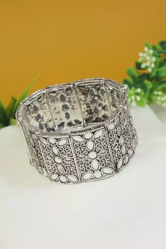 navratri silver oxidised afghani traditional mirror work stretch bracelet for women 