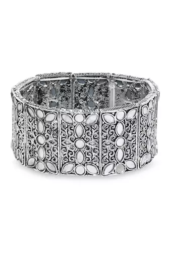 navratri silver oxidised afghani traditional mirror work stretch bracelet for women 