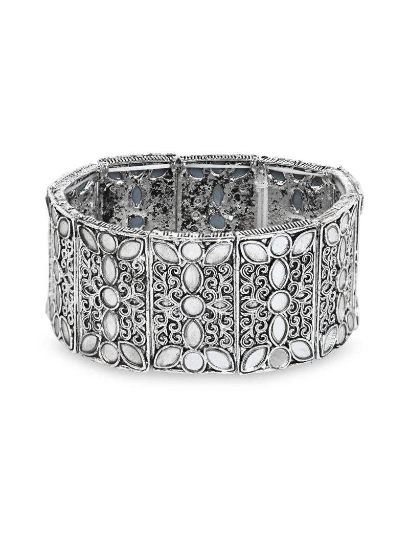 navratri silver oxidised afghani traditional mirror work stretch bracelet for women 